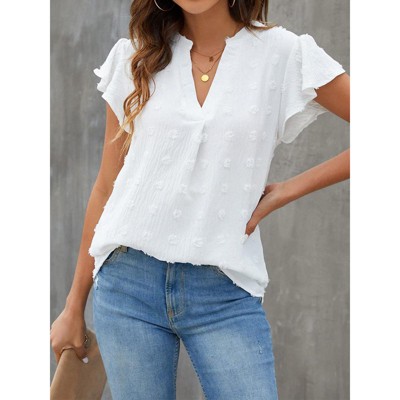 Womens V Neck Ruffled Short Sleeve Polka Dot Blouse Shirts Casual Summer Top Tunic White M