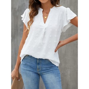 Womens V Neck Ruffled Short Sleeve Polka Dot Blouse Shirts Casual Summer Top Tunic - 1 of 4