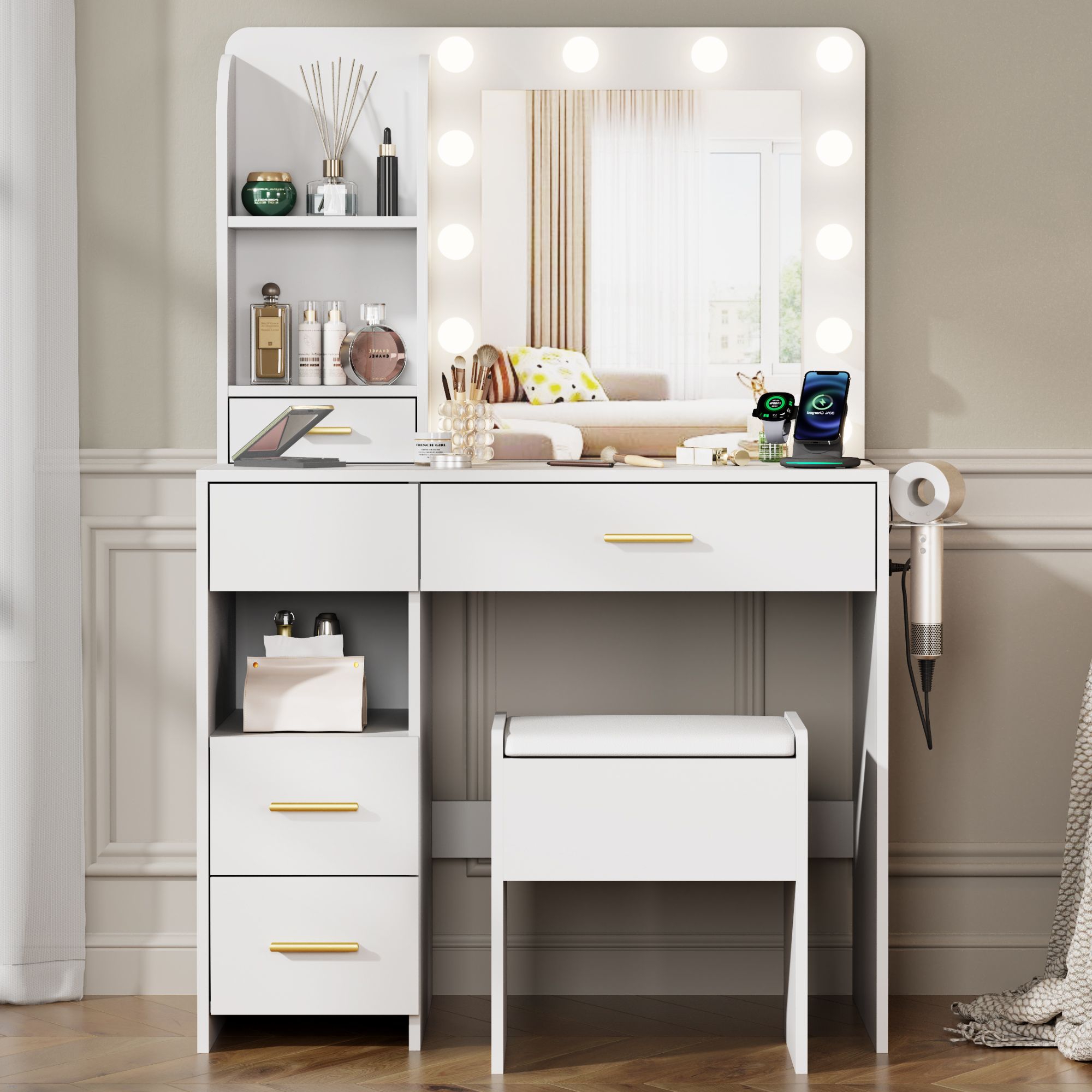35" White Vanity Desk with LED Lighted Mirror, 3 Lighting Colors Makeup Vanity Desk with 5 Large Drawers and 3 Storage Shelves
