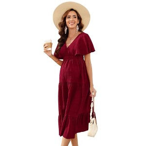 WhizMax Maternity Dress Women's V Neck Short Sleeve Smocked Ruffle Tiered flowing Pleated Midi Dress Photoshoot Baby Shower - 1 of 4