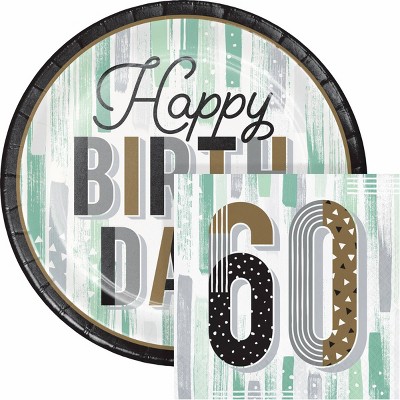 Creative Converting Minted Milestone Chocolate Chip Mint 60th Birthday Plates and Napkins Set 16ct