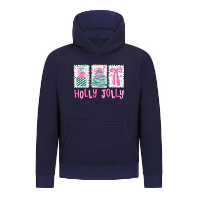 Everyday Kids Christmas Collection Holly Jolly Girls Pullover Hoodie – Pink Holiday Sweatshirt