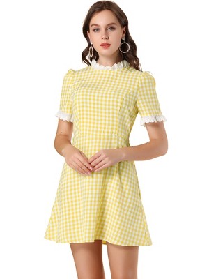 Allegra K Women's Summer Ruffle Neck Lace Panel Short Sleeve Check Gingham Dress