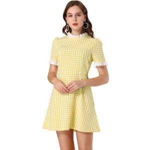 Allegra K Women's Summer Ruffle Neck Lace Panel Short Sleeve Check Gingham Dress - 1 of 4