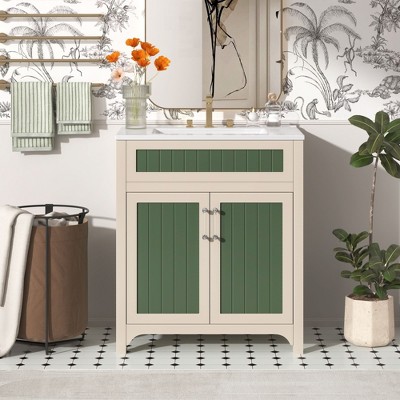 NicBex Bathroom Vanity with Ceramic Sink,,Modern Style Bathroom Sink Vanity with Solid Wood Frame,24"/ 30" Bathroom Sink Cabinet,Beige Green