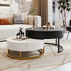 Modern Round Lift-top Nesting Coffee Tables with 2 Drawers White & Black - 1 of 1