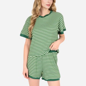 Anna-Kaci Lounge Women's Striped Lounge Set with Cuffed Short Sleeve Top and Elastic Waist Shorts - 1 of 4