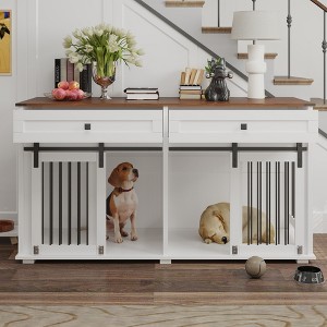 ORRD 63" Double Dog Crate Furniture with 2 Drawers, Wooden Dog Kennel with Removable Divider, Indoor Pet Cabinet with Sliding Door - 1 of 4