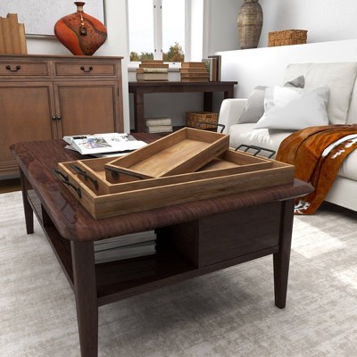 Rustic Brown Mango Wood Rectangular Tray Set with Slot Handles