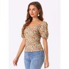 Allegra K Women's Puff Sleeve Square Neck Peasant Floral Blouse - 2 of 4