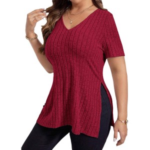 Womens Plus Size Tops Casual V Neck Short Sleeve Shirts Split Hem Blouses - 1 of 4