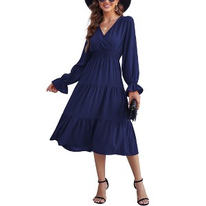 Women's Casual Wrap V Neck Midi Dress Long Sleeve Smocked Waist Tiered A Line Pleated Flowy Long Dress - 1 of 2