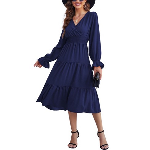 Women's Casual Wrap V Neck Midi Dress Long Sleeve Smocked Waist Tiered A Line Pleated Flowy Long Dress - image 1 of 2