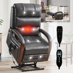 Grey Chenille Power Lift Recliner Chair with Solid Wood Armrests and Heat Massage for Living Room Apartment - 1 of 4