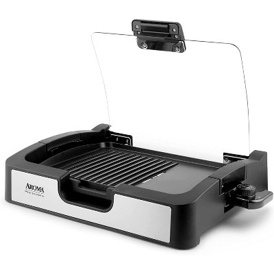 Compact Black and Silver Electric Indoor Grill with Glass Lid