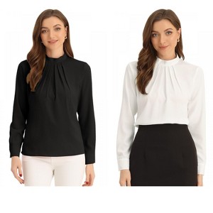 INSPIRE CHIC Women's Business Casual Stand Collar Chiffon Long Sleeve Blouse 2 Packs - 1 of 4