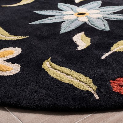Handmade Black Floral Wool Round Area Rug, 6' x 6'