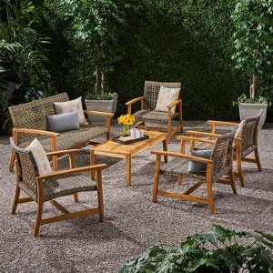 GDFStudio Savannah Outdoor Acacia Wood and Wicker 6 Seater Loveseat and Club Chair Chat Set - 1 of 4