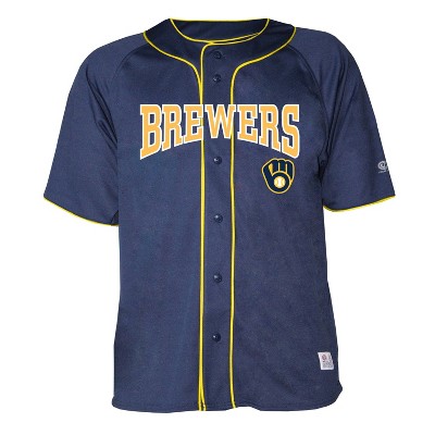 Men's Stitches Navy Milwaukee Brewers Button-Down Raglan Fashion Jersey Size: Large
