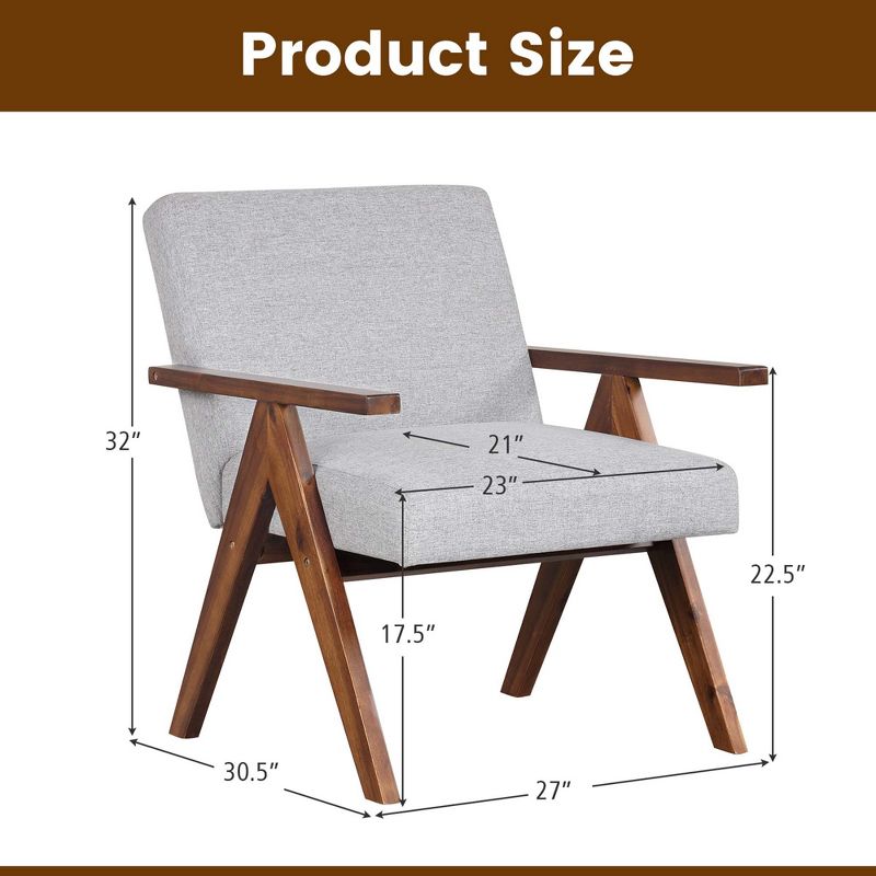 Costway 1 PCS Modern Accent Chair Linen Fabric Armchair with Solid Acacia Wood Frame Beige/Grey, 3 of 11