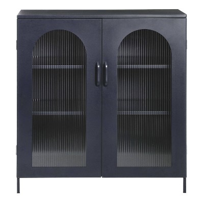 Solstice 40" Black Metal Accent Cabinet with Striated Glass Doors