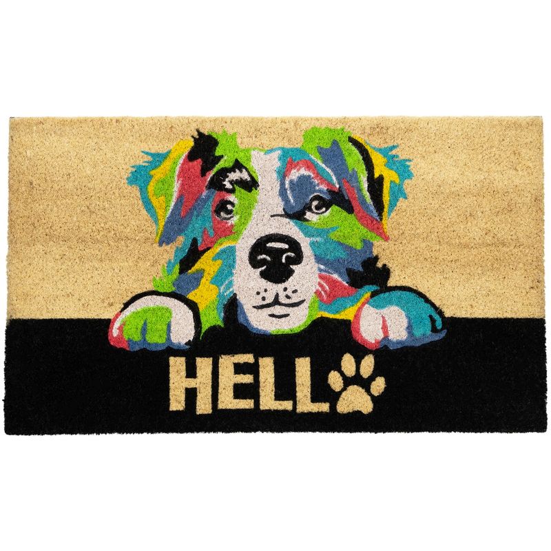 Northlight Ivory and Black "Hello" Multicolor Dog Outdoor Coir Doormat 18" x 30", 1 of 7