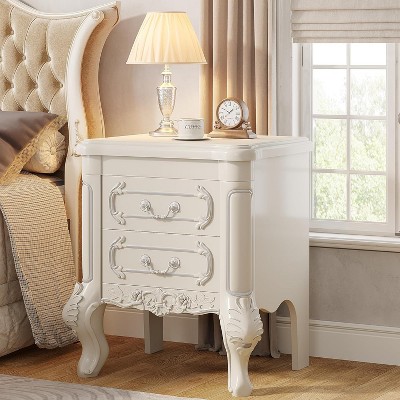 Cream White Carved Wood Nightstand with Silver Accents and 2 Drawers