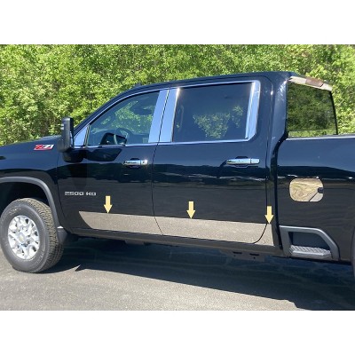 QAA Part TH60184 is a 6 Piece Stainless Steel Rocker Panel Trim, Lower Kit, 8" Width That is Compatible with Chevrolet Silverado HD Crew cab 2020-2024