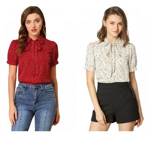 Allegra K Women's Retro Dots Print Bow Tie Peter Pan Collar Chiffon Blouse 2 Packs - 1 of 4