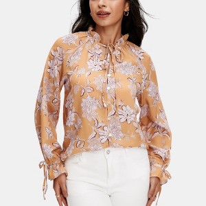 Knit & Lounge Women’s Floral Button Down Top Tie Neck Ruffle Trim Long Sleeve Feminine Flowy Blouse - 1 of 4