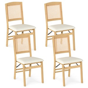Tangkula Folding Dining Chairs Set of 4 w/Linen Padded Seat & Rattan Backrest for Kitchen - 1 of 4