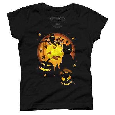 Girl's Design By Humans Halloween Kitty By Artizan16 T-shirt - Black ...
