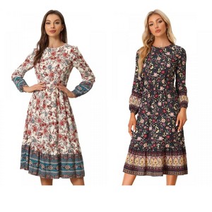 INSPIRE CHIC Women's Boho Crew Neck Floral Long Puff Sleeves Midi Dress 2 Packs - 1 of 4