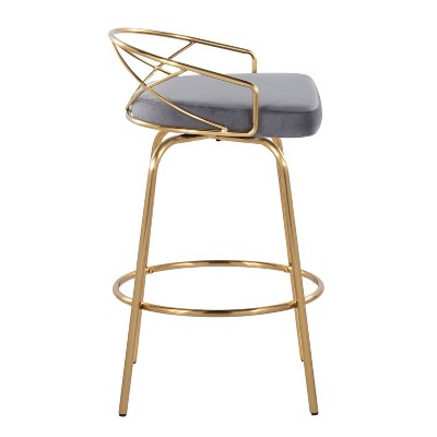 Charlotte 26" Gray Velvet and Gold Metal Swivel Counter Stools, Set of 2