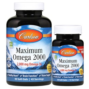 Carlson - Maximum Omega 2000, 2000 mg Omega-3s, Norwegian, Wild Caught, Sustainably Sourced, Lemon - 1 of 4