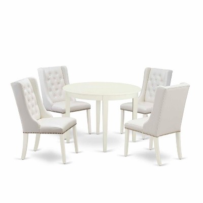 5-Piece Linen white Solid Wood Top - Button Tufted Dining Room Set - Seats 4