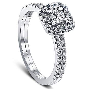 Pompeii3 1/2 Ct TDW Diamond Cushion Halo Engagement Wedding Ring Set White Gold Lab Created