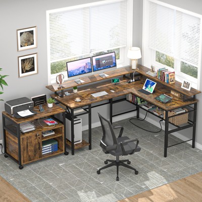 Aheaplus L Shape Computer Desk Reversible Gaming Desk with Charge Station and LED Light