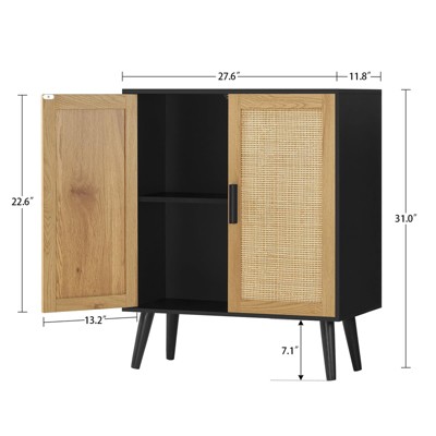 Natural and Black Rattan Storage Cabinet with Adjustable Shelf