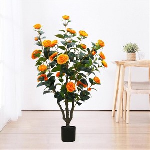 Acekool 36’’ Artificial Camellia Tree with 28 Blooming Flowers, Faux Floral Potted Plant for Indoor and Outdoor Home, Office, Porch Décor必填 - 1 of 4