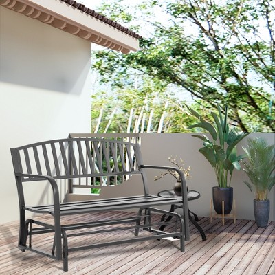 Outdoor Loveseat Glider Bench with Curved Armrests in Powder-Coated Black Steel