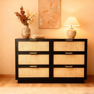 Rattan 6 Drawer Dresser, 47in Wide Black 6 Chest of Drawers with Metal Handles and Wooden Sturdy Base for Bedroom Living Room Nursery Closet - 1 of 1