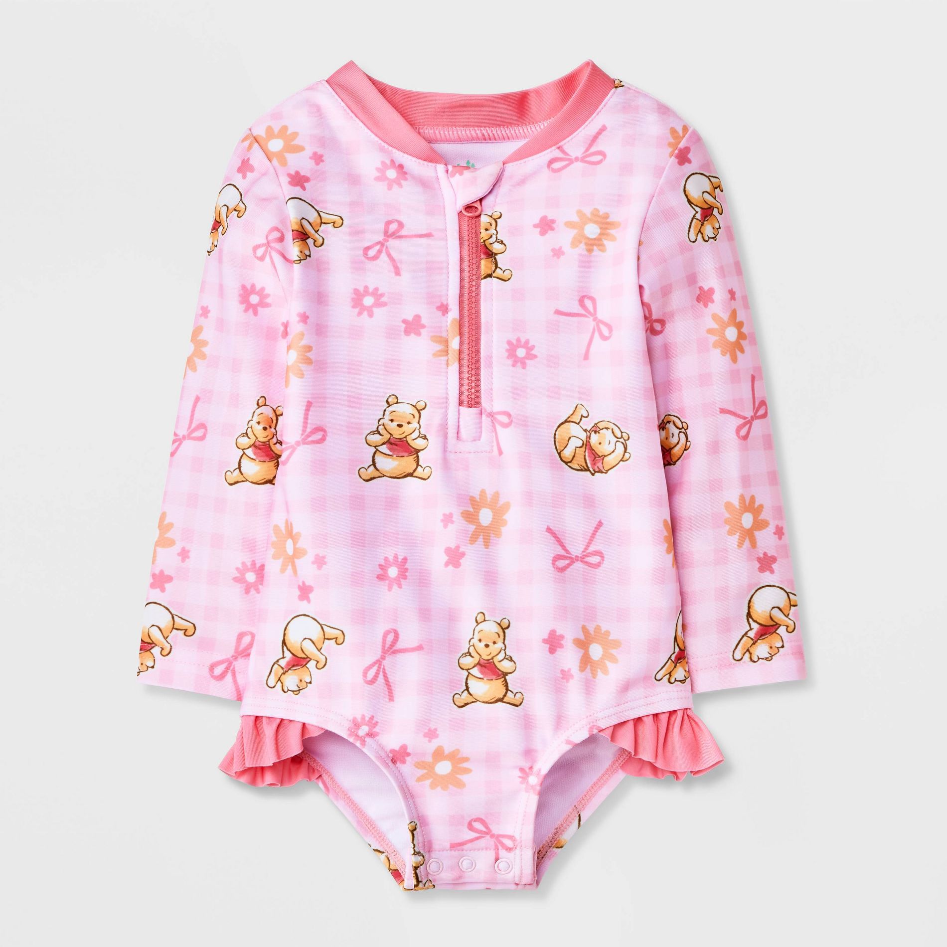 Disney Baby Girls' Winnie the Pooh Bow Gingham 1pc Rash Guard Swimsuit - Light Pink