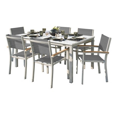 Travira 7pc Lite-Core Ash Natural Tekwood Table and Chair Dining Set with Titanium Sling - Oxford Garden