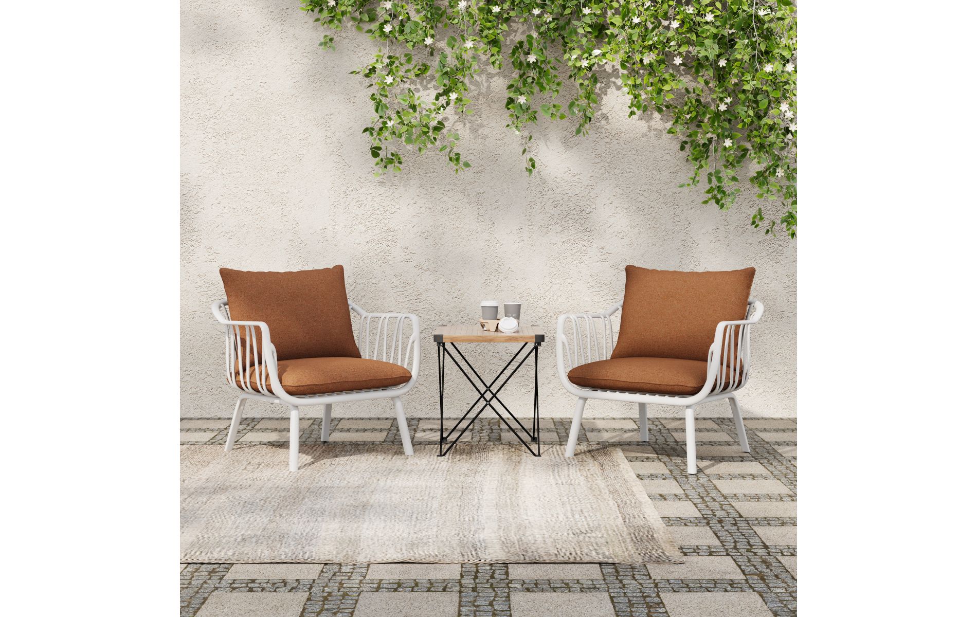 Modern Outdoor Plastic Armchair Set of 2, Weather-Resistant Patio Chairs with Brown Waterproof Cushions for Garden-3irtyhousy