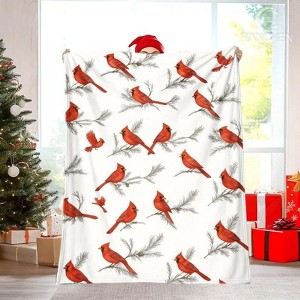 Lomsoe Merry Christmas Flannel Throw Blanket with Cardinal Bird & Pine Branch Print - Red & Green Holiday Design, Vintage Home Decor Gift. - 1 of 4