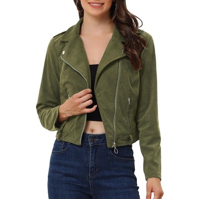 Allegra K Women's Notched Lapel Zip Up Long Sleeve Motorcycle Corduroy Jacket