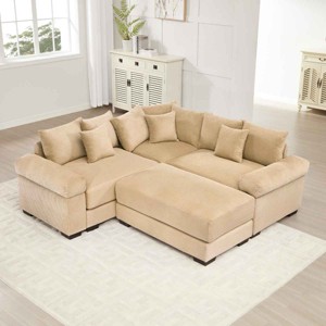 U-Shaped Oversized Sofa with Chaise and Ottoman, Modular Sectional Sofa with Armrests, Upholstered Sofa with Corduroy Cushion-Cuddlewood - 1 of 4