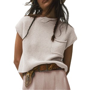 Cap Sleeve Tops for Women Spring Mock Neck Sleeveless Knit Tops with Chest Pocket Summer Crew Neck Pullover Sweater - 1 of 4