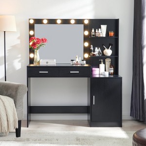 Vanity Desk with Mirror and Lights, Dressing Table with 2 Open Shelves, 2 Drawers, 1 Makeup Stool 10pcs Lighting Bulbs for Dressing Room - 1 of 4